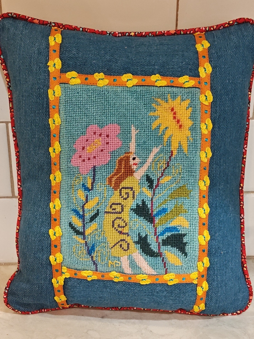 Vintage Cottagecore needlepoint Cushion "Reach For The Sun" by Jennifer Pudney.